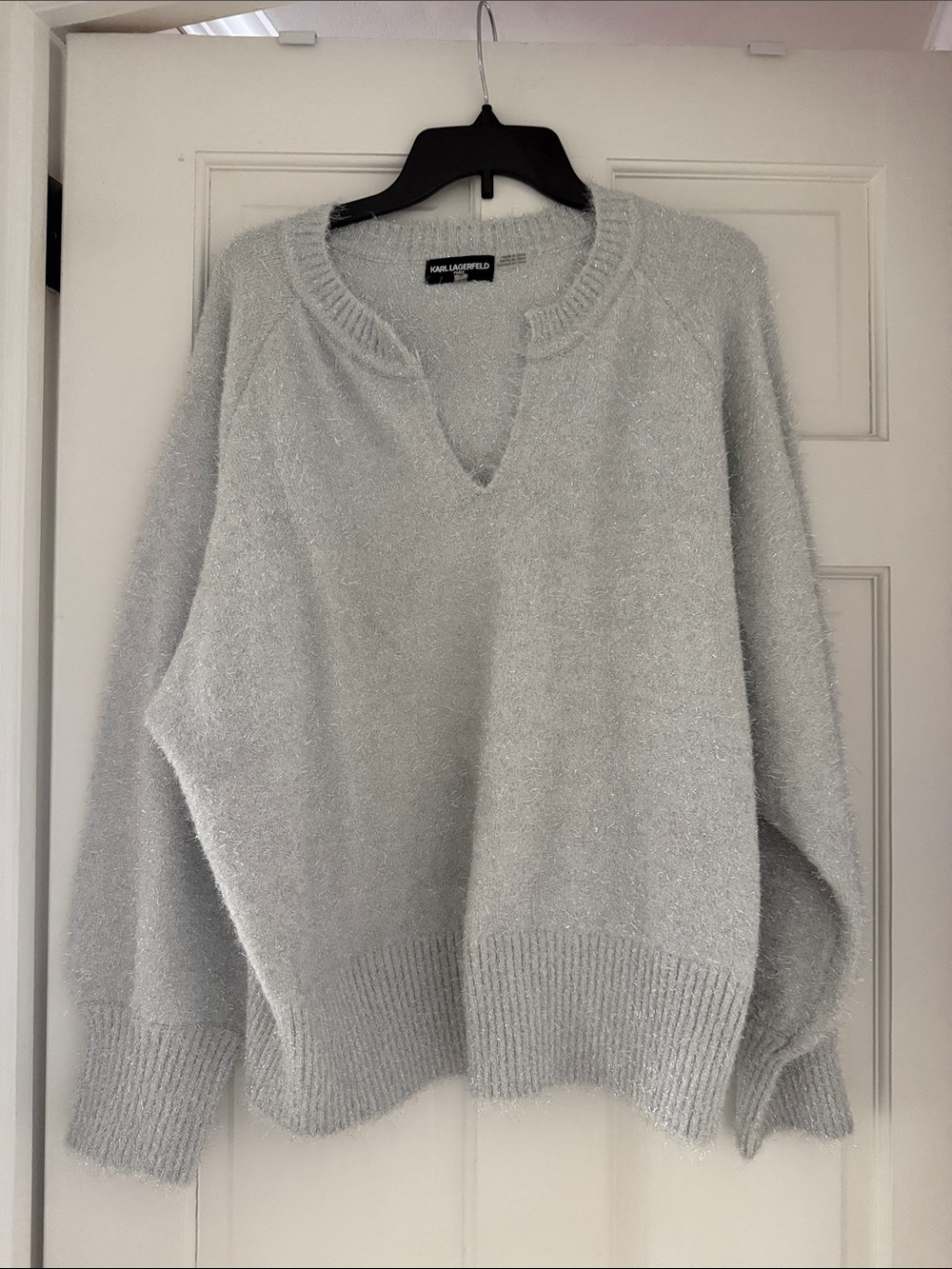 Karl Lagerfeld Women's Silver-Thread Light Gray V-Neck Sweater
